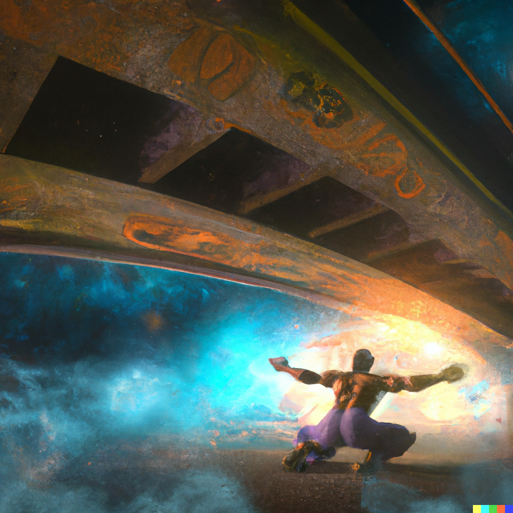 DALL·E 2023-03-08 10.27.52 - Black man playing capoeira under a bridge in the suburb of Brazil, with a nebula around his body. 3D Realism Drawing