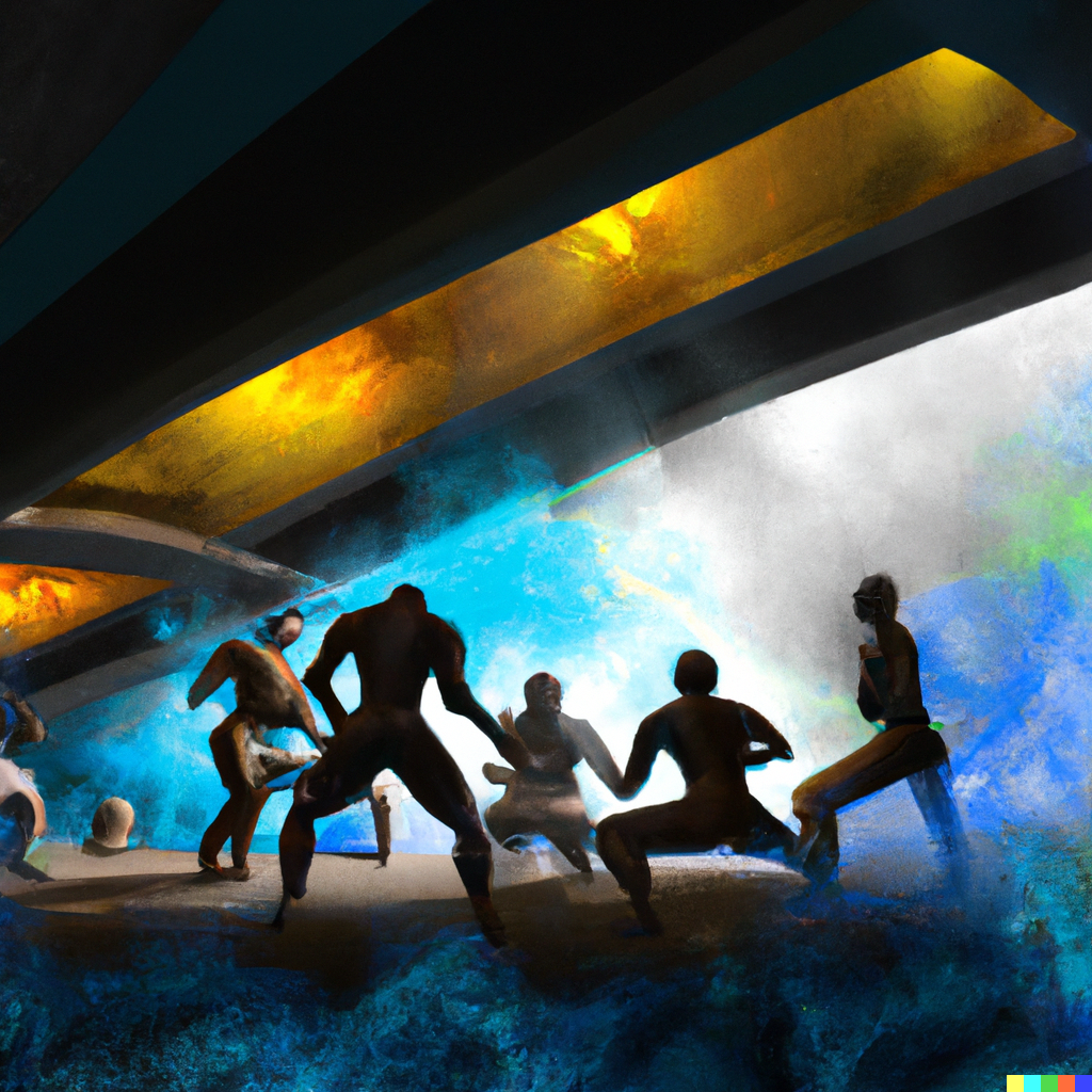 DALL·E 2023-03-08 10.34.53 - Capoeira group, under a bridge, in the suburb of Brazil, with a nebula around the group of people. 3D Realism Drawing