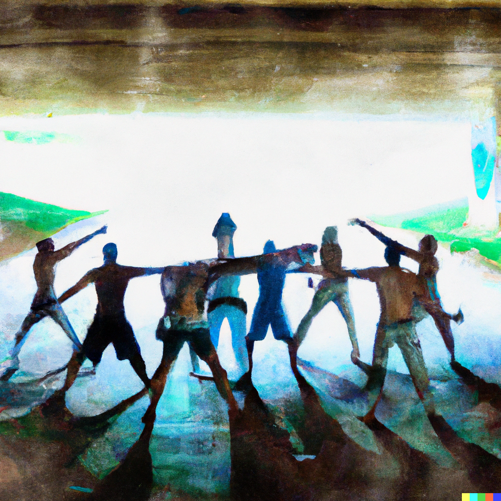 DALL·E 2023-03-08 10.36.23 - Capoeira group, under a bridge, in the suburb of Brazil, with a nebula around the group of people. Digital art