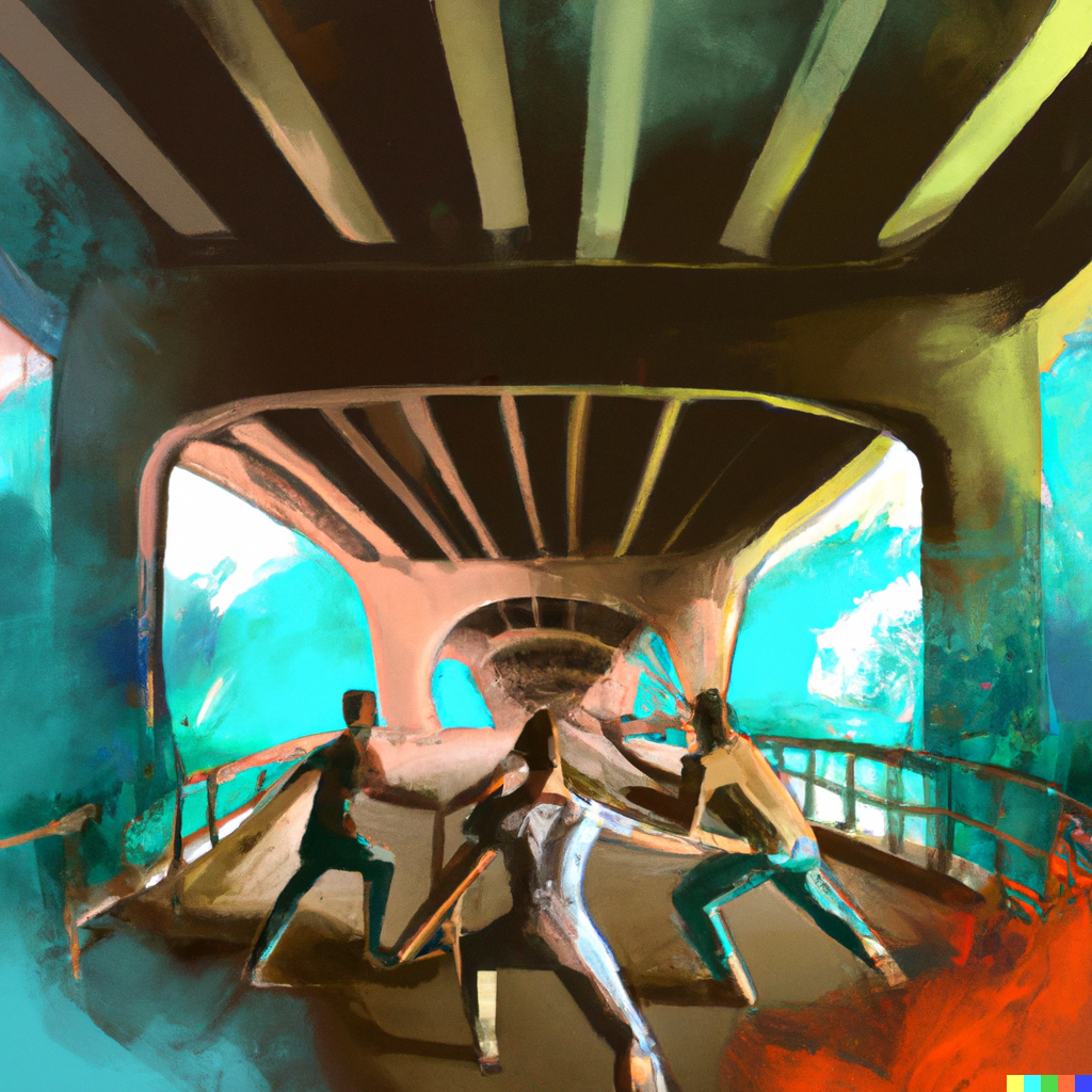 DALL·E 2023-03-08 10.36.35 - Capoeira group, under a bridge, in the suburb of Brazil, with a nebula around the group of people. Digital art