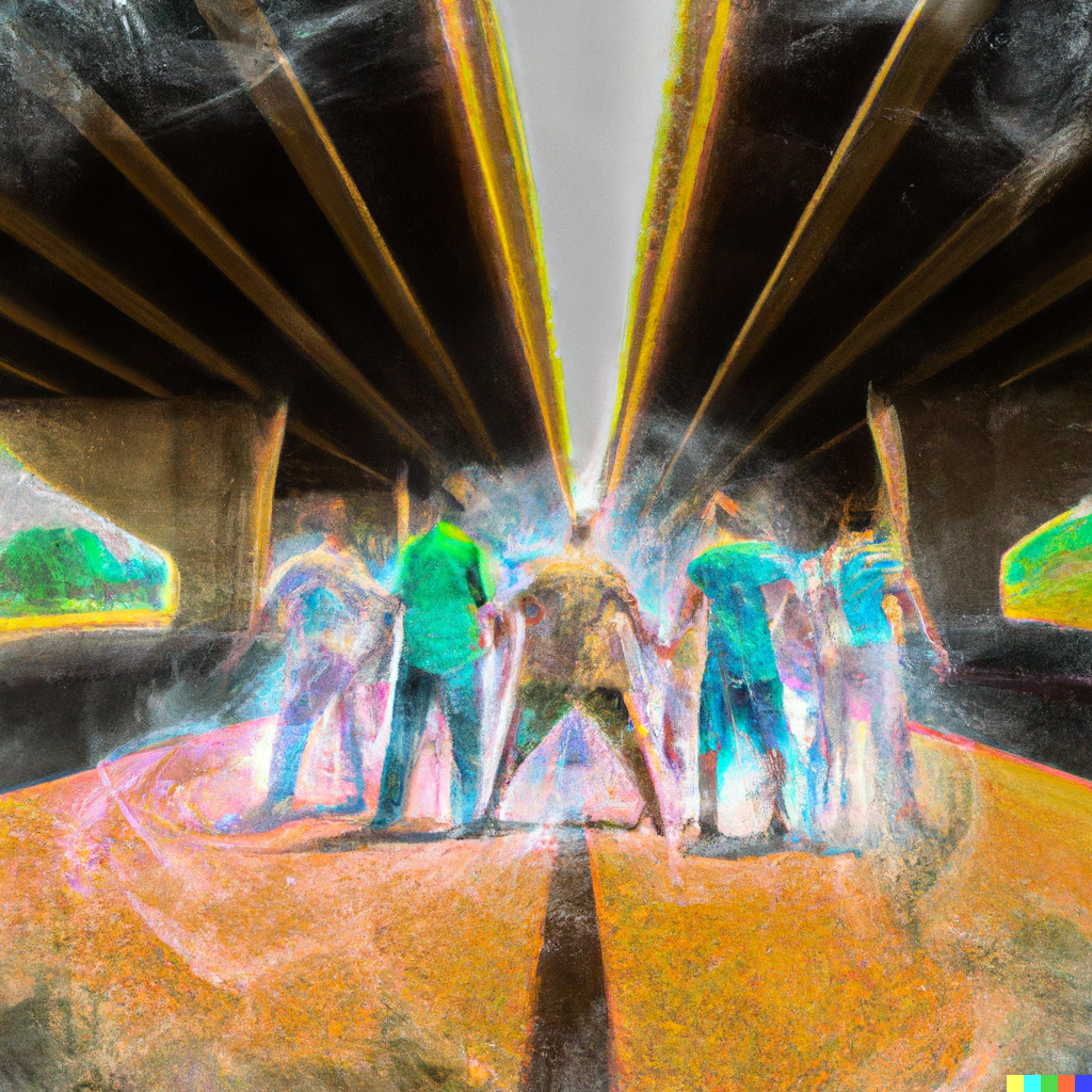 DALL·E 2023-03-08 10.36.41 - Capoeira group, under a bridge, in the suburb of Brazil, with a nebula around the group of people. Digital art