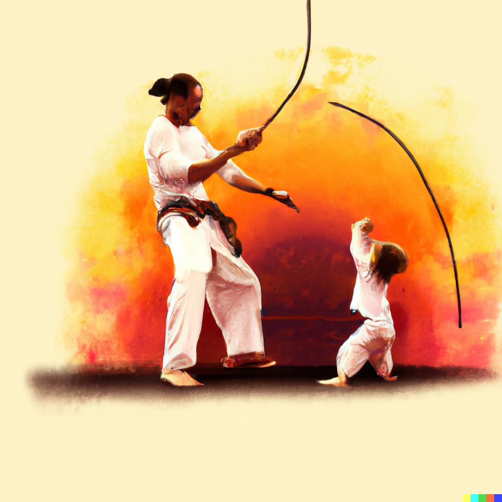 DALL·E 2023-03-08 10.37.20 - Father and child child playing capoeira. Digital art