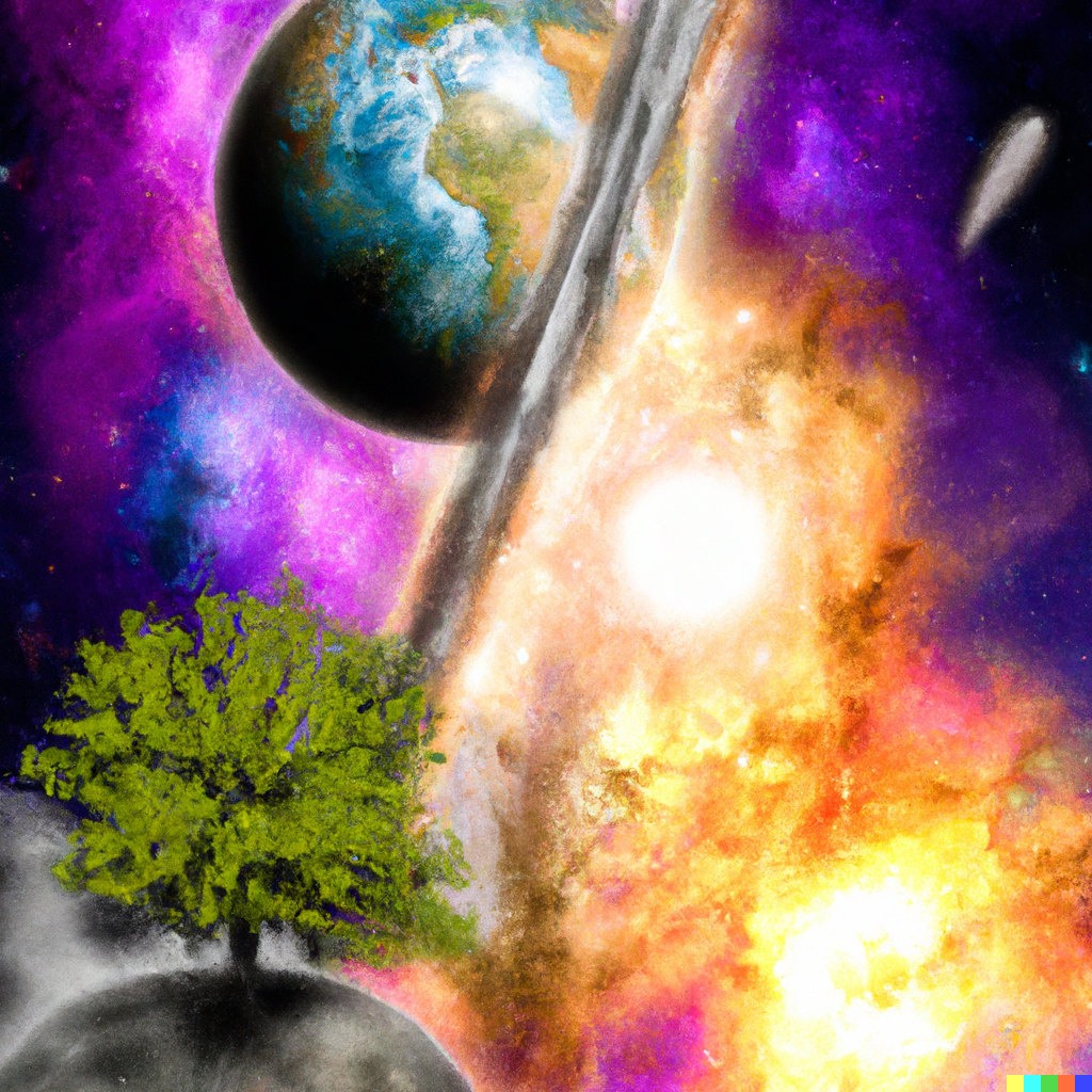 DALL·E 2023-03-08 10.49.25 - Digital art image of a planet in the universe, with a giant tree, so big it goes into space, outside the planet's atmosphere.