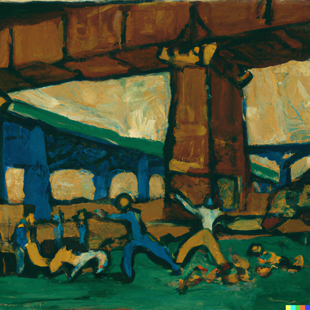 DALL·E 2023-03-08 10.52.47 - _People playing capoeira under an overpass, in Brazil_ by Van Gogh