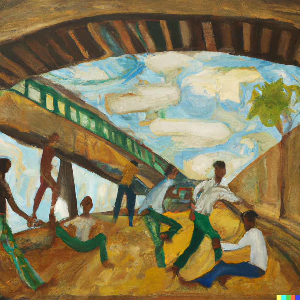 DALL·E 2023-03-08 10.52.54 - _People playing capoeira under an overpass, in Brazil_ by Van Gogh