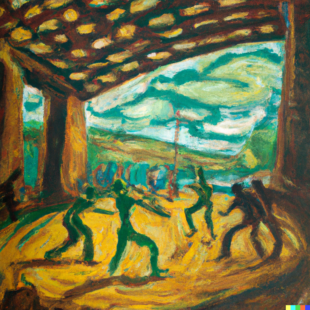 DALL·E 2023-03-08 10.53.03 - _People playing capoeira under an overpass, in Brazil_ by Van Gogh