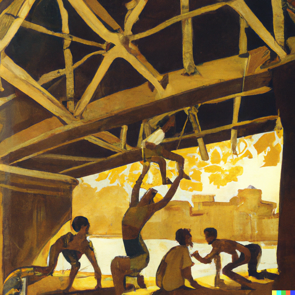 DALL·E 2023-03-08 10.55.20 - _People playing capoeira under an overpass, in Brazil_ by Cândido Portinari